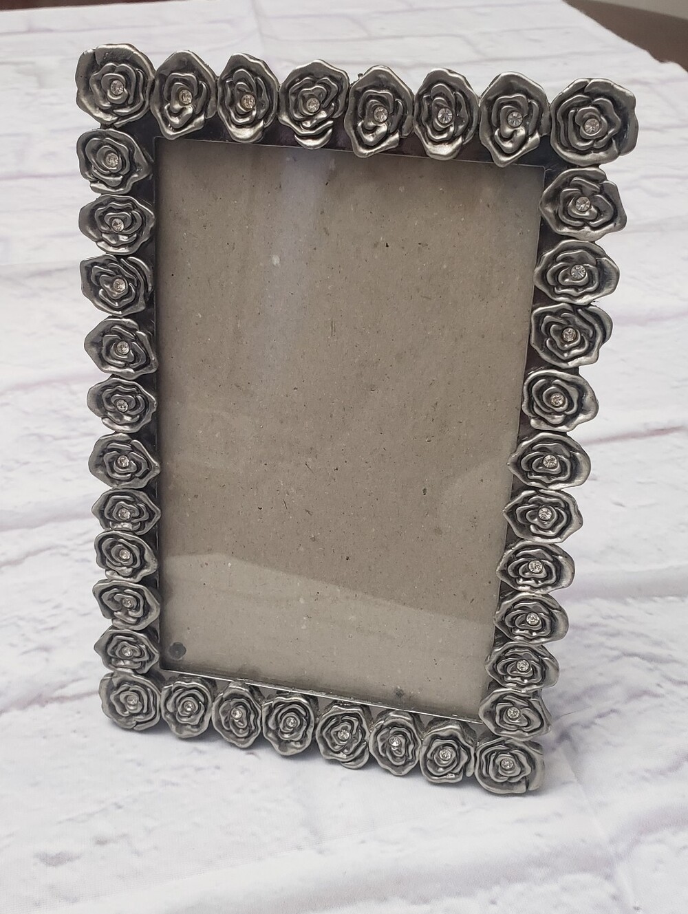 Sonoma Pewter & Crystal 3D Roses 5"×7" Easel-Back Picture Frame